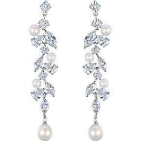 EleQueen Cubic Zirconia Simulated Pearl Teardrop Dangle Earrings Jewelry for Wedding Bridal