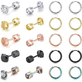 5 pairs of titanium screw surgical stainless steel stud earrings, Titanium Screw Back Stud Earrings Set for Sensitive Ears, rainbow 3A cubic zirconia studs double-sided Earrings perforated sleepers stud jewelry 6mm