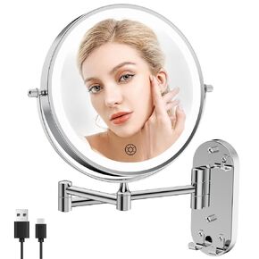 FUNTOUCH Wall Mounted Lighted Makeup Mirror, Rechargeable 8" Double-Sided LED Make up Mirror 1X/10X Magnification, 3 Color Lights Dimmable 360° Rotation Wall Mount Mirror with Extension Arm and Hooks