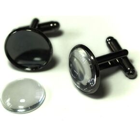 ALL in ONE Cufflinks Cuff Links Button Cabochon Blank Trays Frame with Clear Glass Dome (Gun Black 16mm - 10 Sets)