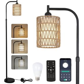 Floor Lamp with Remote, Dimmable Rattan Floor Lamp with LED Bulb, Industrial Black Tall Pole Lamp with Rattan & Fabric Shades, Boho Farmhouse Standing Lamps for Living Room Bedroom Office