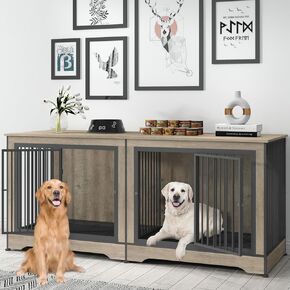 2-in-1 Double Dog Crate Furniture for 2 Dogs 60.6 Inch White Sturdy Double Dog Kennel TV Stand with Divider and Sliding Doors