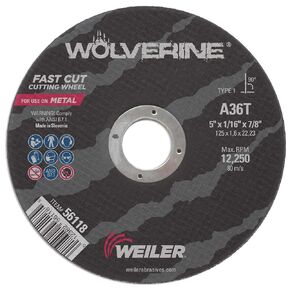 Weiler 56118 5 Inch Cutting Wheel, Wolverine AO Steel/Metal Fast Cutting, 1/16" A36T Type 1 7/8" Arbor, Pack of 100