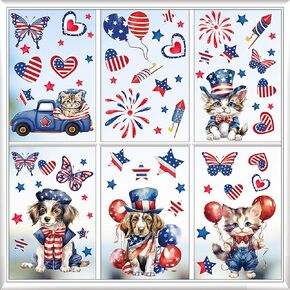 95Pcs Independence Day Window Clings American Flag Cat Dogs Butterfly Fireworks Star Memorial Day Decor Window Stickers Patriotic Window Decals 4th of July Window Decor for School Glass Home Decor
