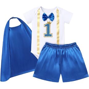 IBTOM CASTLE Boys 1st Royal Prince Crown Birthday Charming Outfit Bowtie Romper & Pants & Cloak Headband Photo Shoot Clothes