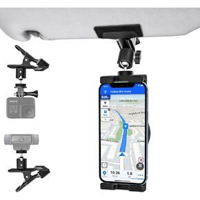 Sun Visor Phone Holder for Car, Universal 360° Rotating Sun Visor Cell Phone Mount, Multifunctional Retractable Rearview Mirror Steering Wheel Phone Clip Stand Fit All iPhone/Samsung/Smartphone