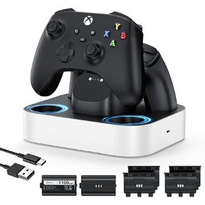 NEWDERY Controller Charger Station for Xbox, 2x1100mAh Rechargeable Battery Packs for Xbox One/Series X|S Controller, Fast Charging Dock with 4 Battery Covers - White