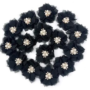 15PC Chiffon Fabric Flower Bows Rhinestone Beads Cluster Center for DIY Hair Clip Scrapbooking Appliques Wedding and More Decor 2.4" Inch,Lvory