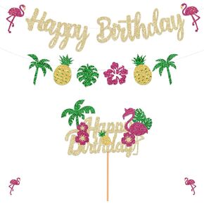 Glitter Tropical Happy Birthday Banner Luau Hawaiian Cake Toppers Flamingo Flower for Summer Birthday Party Decorations Theme Baby Shower Supplies