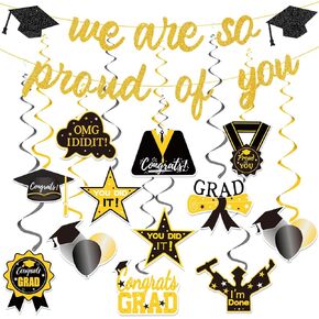 31PCS We are So Proud of You Banner, Glitter Graduation Banner Garland with 12Pcs Hanging Swirl Black and Gold Party Decorations, Graduation Decorations Class of 2024 Banner for College School Decor