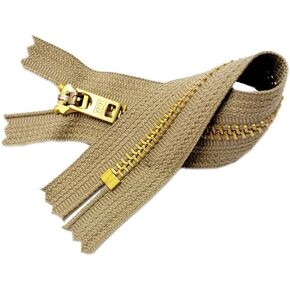 Two 7 Inch Brass Jeans Zipper YKK Number 5 Gold Colored Metal Teeth Zips with Locking Slider Closed Bottom Color Khaki Aztec #896