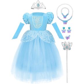 Cinderella Princess Dress for Girls 3 4 5 6 7, Kids Dress Up Costume With Crown, Outfit Cosplay Birthday Party Gift