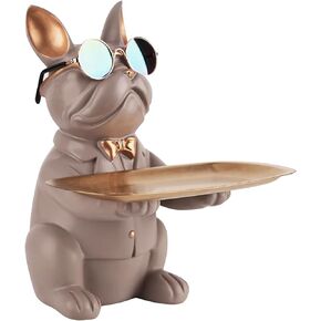 French Bulldog Statues for Home Decor,Cute Dog Statue with Tray French Bulldog Accessories & Gifts,Black Or Brown Sculptures Home Decor,Coin Piggy Bank Storage Tray(Brown)