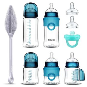 Smilo Baby Bottle Feeding Gift Set - Bottle Set with 100% Silicone Newborn Pacifier, Replacement Nipples and Baby Bottles Cleaning Brush - Perfect Essentials and Gift for Girls & Boys - Blue