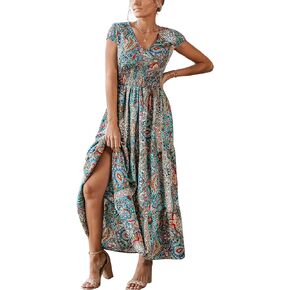 CUPSHE Women's Boho Paisley Maxi Dress V Neck Cap Sleeve Smocked Ruffled A Line Long Summer Dresses