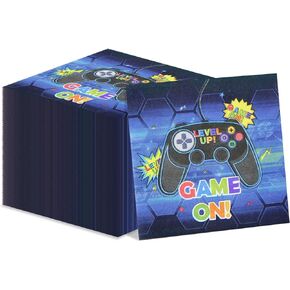 Video Game Party Decorations, 100 Pcs Video Game Napkins Blue Gaming Table Napkins Game On Lunch Napkins for Video Game Theme Party, Kids Birthday
