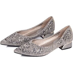 Women's Low Block Chunky Heels Dress Shoes, Rhinestone Comfort Dress Shoes for Women, Pointed Toe Soft Dress Wedding Shoes for Party Office
