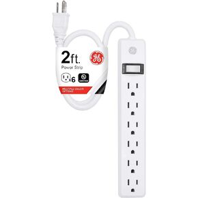 GE 6-Outlet Power Strip, 8 Ft Extension Cord, Heavy Duty Plug, Grounded, Integrated Circuit Breaker, 3-Prong, Wall Mount, UL Listed, White, 67122
