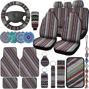 Frienda Baja Car Seat Covers Full Set Multicolor Stripe Car Seat Covers Boho Print Steering Wheel Cover Seat Belt Cover Crystal Hanging Ornament Car Holders Fits for Car (Elegant Style)