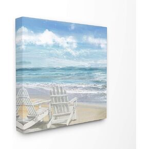 The Stupell Home Décor Collection White Adirondack Chairs on The Beach Painting Canvas Wall Art, 17 x 17, Blue