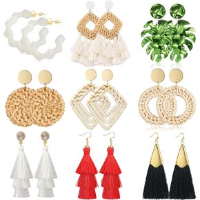 9-12 Pairs Rattan Earrings for Women Handmade Boho Tassel Earrings Lightweight Acrylic Earrings Set