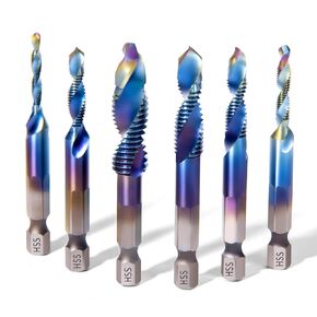 12PCS Titanium Drill and Tap Combination Bits Set, 1/4" Hex Shank 3-in-1 Blue Coated Spiral Screw Tapping Multi-Function Bit for Drilling, Tapping and Countersinking (Metric&SAE)