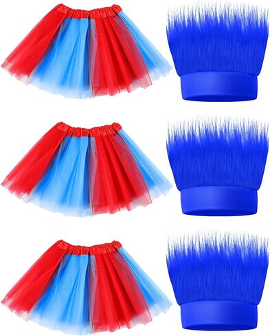 Tarpop 3 Pcs Blue Hairy Costume Headband Troll Hair Headband 3 Tulle Tutu Skirt Crazy Hair Wig for Girls Toddlers Cosplay Party Accessories in Saudi Arabia
