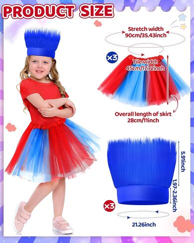 Tarpop 3 Pcs Blue Hairy Costume Headband Troll Hair Headband 3 Tulle Tutu Skirt Crazy Hair Wig for Girls Toddlers Cosplay Party Accessories in Saudi Arabia