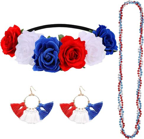 Blue Red White Headband Floral Flower Crown Headband Hawaiian Stretch Rose Headpiece with 4th of July Earring and Red White Blue Necklace for American Flag Festivals Garland Party Holiday Accessories in Saudi Arabia