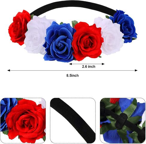 Blue Red White Headband Floral Flower Crown Headband Hawaiian Stretch Rose Headpiece with 4th of July Earring and Red White Blue Necklace for American Flag Festivals Garland Party Holiday Accessories in Saudi Arabia