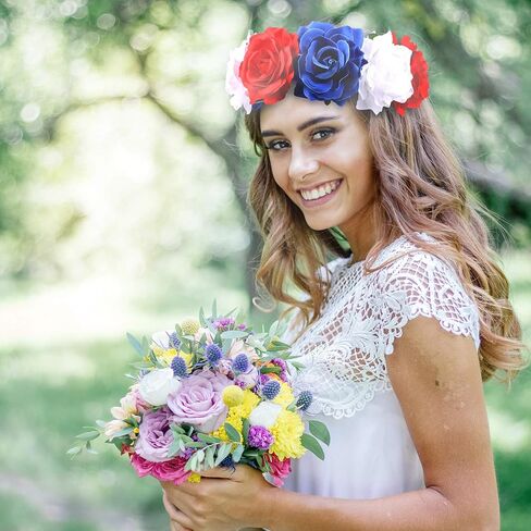 Blue Red White Headband Floral Flower Crown Headband Hawaiian Stretch Rose Headpiece with 4th of July Earring and Red White Blue Necklace for American Flag Festivals Garland Party Holiday Accessories in Saudi Arabia