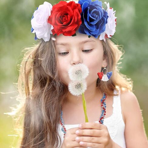 Blue Red White Headband Floral Flower Crown Headband Hawaiian Stretch Rose Headpiece with 4th of July Earring and Red White Blue Necklace for American Flag Festivals Garland Party Holiday Accessories in Saudi Arabia