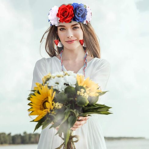 Blue Red White Headband Floral Flower Crown Headband Hawaiian Stretch Rose Headpiece with 4th of July Earring and Red White Blue Necklace for American Flag Festivals Garland Party Holiday Accessories in Saudi Arabia