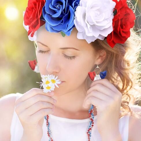 Blue Red White Headband Floral Flower Crown Headband Hawaiian Stretch Rose Headpiece with 4th of July Earring and Red White Blue Necklace for American Flag Festivals Garland Party Holiday Accessories in Saudi Arabia