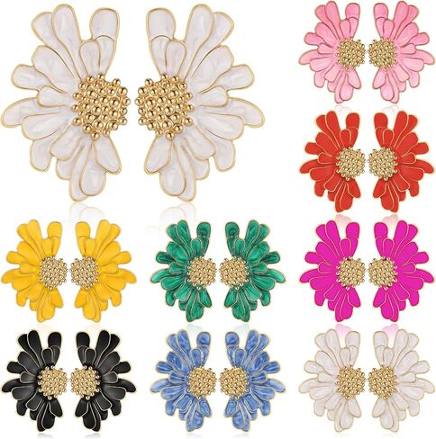 8 Pairs Vintage Flower Earrings Studs Exaggerated Oversized Large Chunky Daisy Flower Earrings Elegant Floral Statement Earrings for Women Girls Jewelry Gifts, 8 Colors in Saudi Arabia