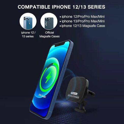 Magnetic Wireless Car Charger, Fast Charging and Strong Stable Air Vent Phone Holder Compatible with Magsafe iPhone 14/13/12 Series Phones Magnetic Car Mount with Double Cooling Holes, Black in Kuwait