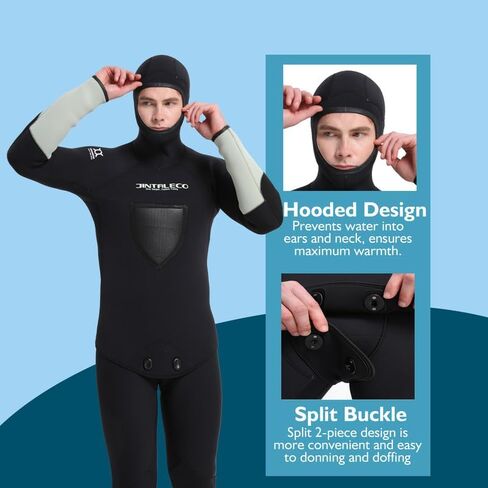 Spearfishing Wetsuit for Men, 2-Piece Hooded Design 7 mm & 5 mm Wetsuits, 7 mm Wetsuit Suitable for Temperatures Below 3℃ & 5 mm Above 4℃ in Saudi Arabia