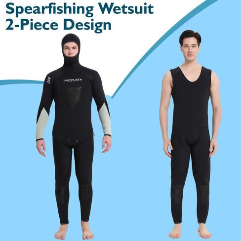 Spearfishing Wetsuit for Men, 2-Piece Hooded Design 7 mm & 5 mm Wetsuits, 7 mm Wetsuit Suitable for Temperatures Below 3℃ & 5 mm Above 4℃ in Saudi Arabia
