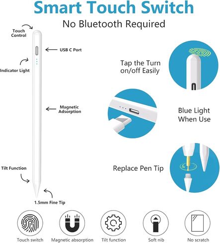 قلم Apple Pencil لجهاز iPad الجيل العاشر، قلم شاشة لجهاز iPad (9/8/7/6) الجيل الرابع، قلم iPad Pro قابل لإعادة الشحن، رفض راحة اليد - حساسية عالية مع 5 أطراف قلم قابلة للاستبدال، لجميع أجهزة iPad في 2018-2022 in Kuwait