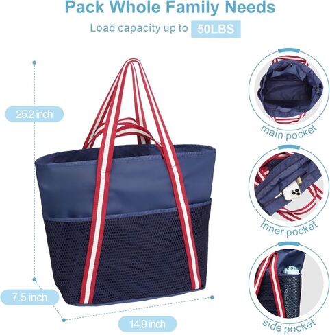 حقيبة شاطئ شبكية F-color وحقيبة شاطئ مقاومة للرمال بجيوب متعددة، أزرق وأزرق in Kuwait