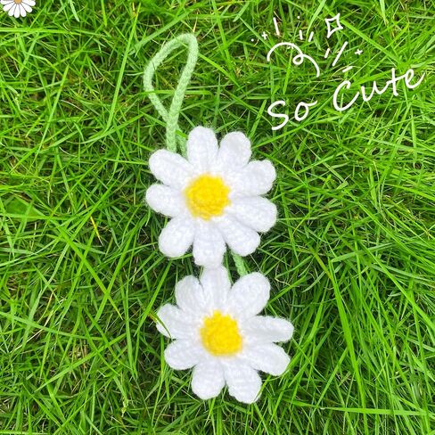 Crochet Daisy Car Accessories for Women Girls Cute Rear View Mirror Hanging Charms Handmade Daisy Flower Gifts for Crochet Lovers Car Decor Automotive Interior Aesthetic (White) in Saudi Arabia