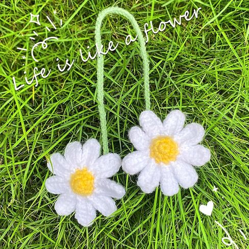 Crochet Daisy Car Accessories for Women Girls Cute Rear View Mirror Hanging Charms Handmade Daisy Flower Gifts for Crochet Lovers Car Decor Automotive Interior Aesthetic (White) in Saudi Arabia