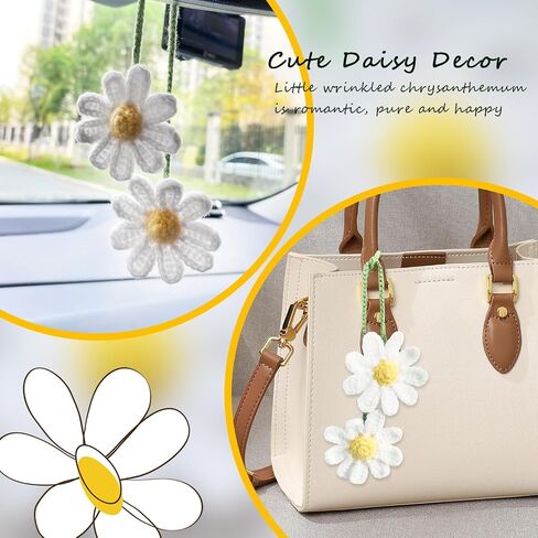 Crochet Daisy Car Accessories for Women Girls Cute Rear View Mirror Hanging Charms Handmade Daisy Flower Gifts for Crochet Lovers Car Decor Automotive Interior Aesthetic (White) in Saudi Arabia