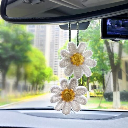 Crochet Daisy Car Accessories for Women Girls Cute Rear View Mirror Hanging Charms Handmade Daisy Flower Gifts for Crochet Lovers Car Decor Automotive Interior Aesthetic (White) in Saudi Arabia