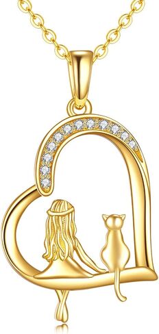 Gold Cat Necklace 14k Gold Cat and Girl Pendant Necklace Fine Gold Love Heart Pet Jewelry Christmas Gifts for Women Girls Her Mother Daughter Sister Friends Cat lover in Saudi Arabia