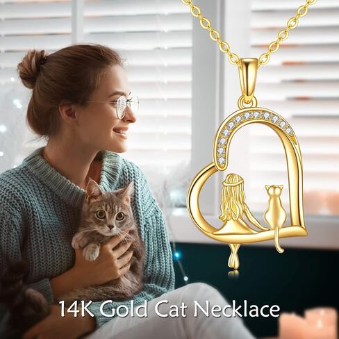 Gold Cat Necklace 14k Gold Cat and Girl Pendant Necklace Fine Gold Love Heart Pet Jewelry Christmas Gifts for Women Girls Her Mother Daughter Sister Friends Cat lover in Saudi Arabia