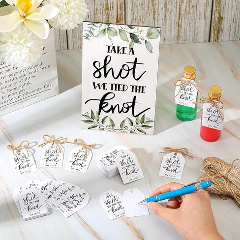 قطعة واحدة من علامة Take a Shot We Tied The Knot Sign مع 100 قطعة من علامة تغليف الهدايا و2 حزم من الحبال لتزيين حفلات الزفاف وحفلات الزفاف in Saudi Arabia