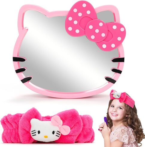Desktop Makeup Mirror - Cartoon Cat Shape Kawaii &Vanity Mirror, Pink Plush Hello Headband, Birthday Gift for Girls Party Favor in Saudi Arabia