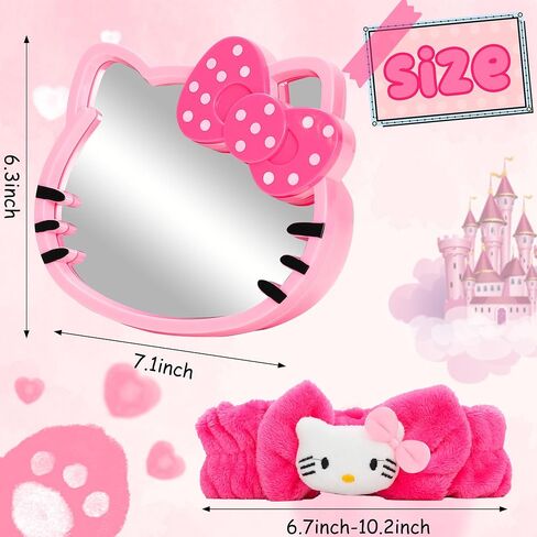 Desktop Makeup Mirror - Cartoon Cat Shape Kawaii &Vanity Mirror, Pink Plush Hello Headband, Birthday Gift for Girls Party Favor in Saudi Arabia
