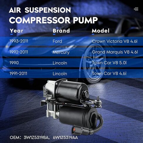 مضخة ضاغط تعليق هوائي مناسبة لـ 1993-2011 Ford Crown Victoria، 1992-2011 Mercury Grand Marquis، 1990-2011 Lincoln Town Car، استبدال مضخة ضاغط الهواء لـ 3W1Z5319BA، 6W1Z5319AA in Saudi Arabia